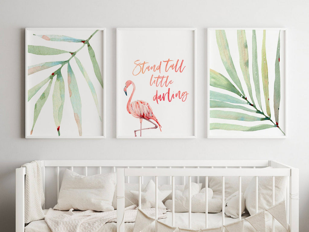 Stand tall little darling, tropical palm flamingo nursery, above crib tropical theme, flamingo art, newborn flamingo nursery pink and green