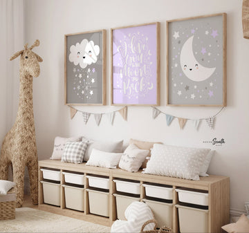 Baby girl nursery lilac and gray, moon and stars nursery decor, i love you to the moon, cloud nursery girl, cloud wall art, moon star cloud