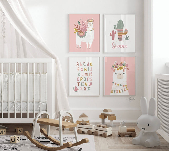 Mauve pink llamas, little girl bedroom art llama themed, baby girl llama art flower crowns, girl boho llamas, boho baby room mauve colors
