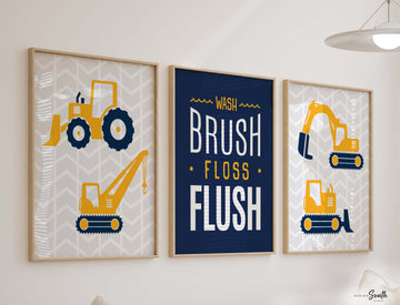 Construction trucks, construction boys bathroom, boys construction bathroom, navy blue boys bathroom, dump truck bathroom, dump truck art