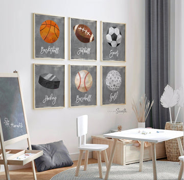 Sports boys room baseball football soccer hockey basketball golf, toddler sports room decor, wall art boys prints neutral gray industrial