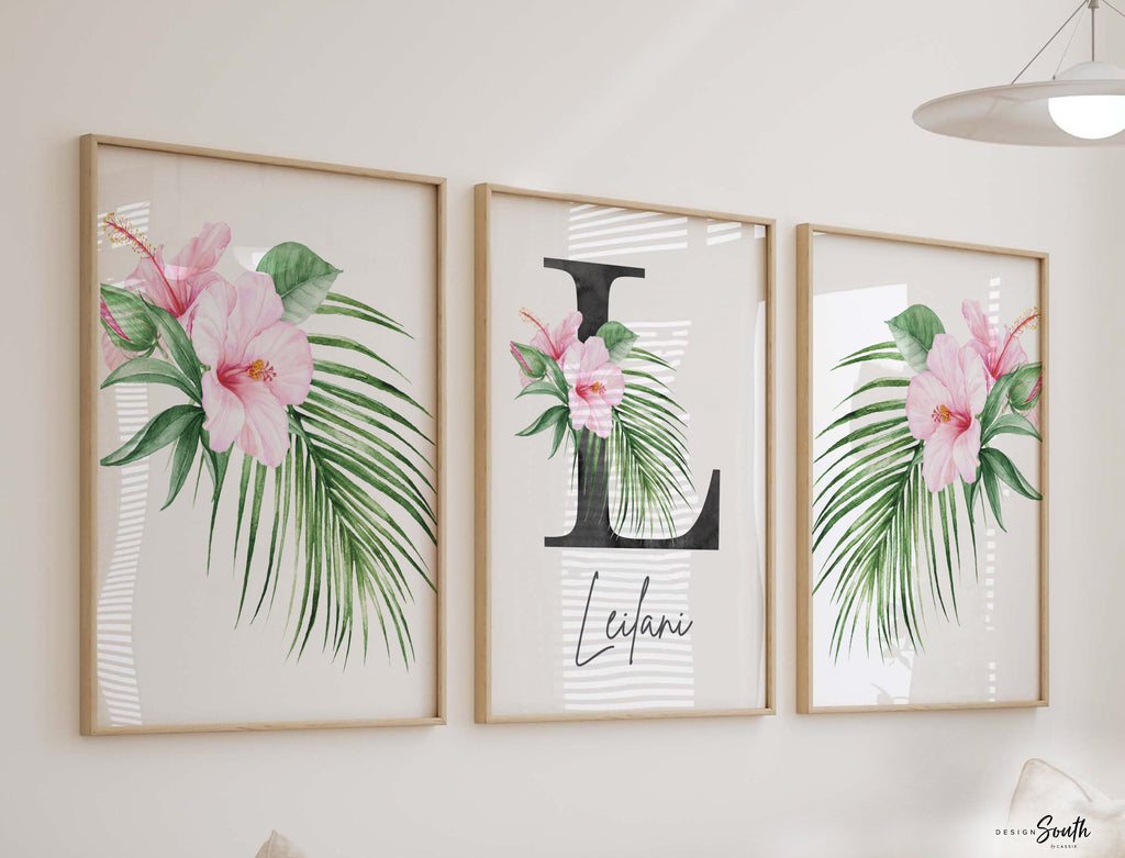 Girl nursery decor, palm leaf tropical theme nursery art, jungle theme botanical baby girl wall, coastal nursery decor, pink tropical decor