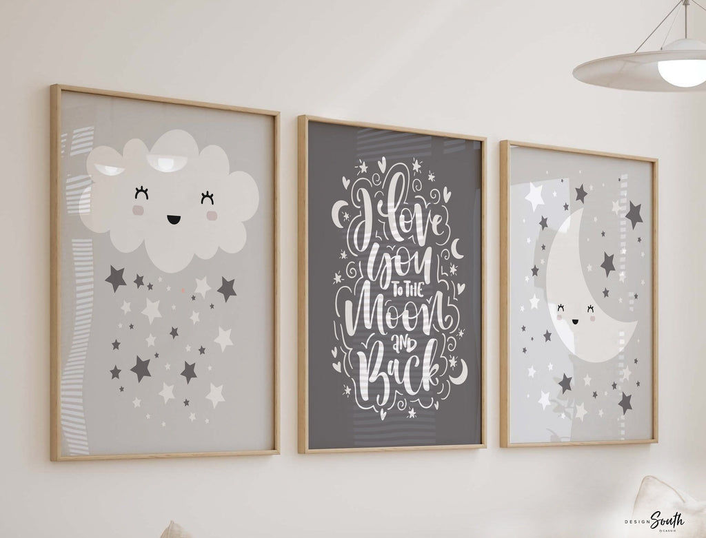 Moon and stars nursery, cloud nursery print, wall art for nursery, nursery decor neutral, gender neutral nursery, decor cloud stars nursery