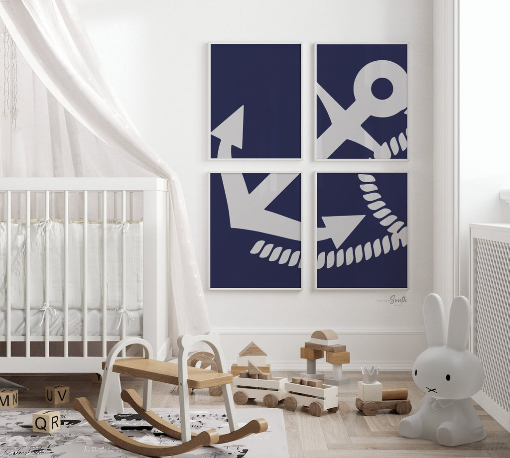 Nautical kids bedroom wall art, print set of 4 navy blue anchor, nautical anchor art for nursery, navy blue and gray nautical room anchor