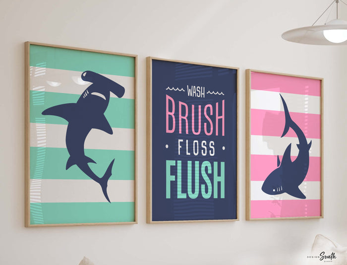 Bathroom for son and daughter, bathroom decor for boy and girl, wall art children's bathroom, kids bathroom art, wash brush flush, twin art