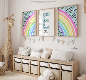 Rainbow nursery monogram art print, baby girl monogram nursery wall art, custom bedroom kid art, rainbow monogram letter, playroom wall art