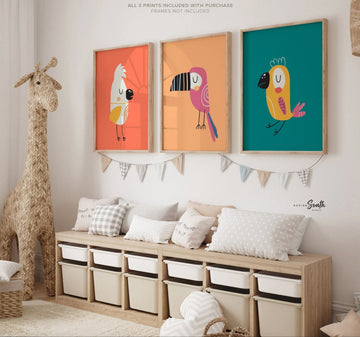 Exotic tropical birds print, colorful birds wall art, tropical vibes print set, bright tropical birds print set, modern girls tropical art