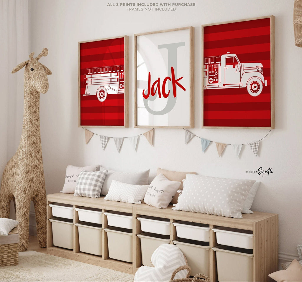 Fire truck nursery decor, boys nursery decor, fire truck theme, fireman baby boy nursery, red fireman theme, firetruck boys bedroom prints
