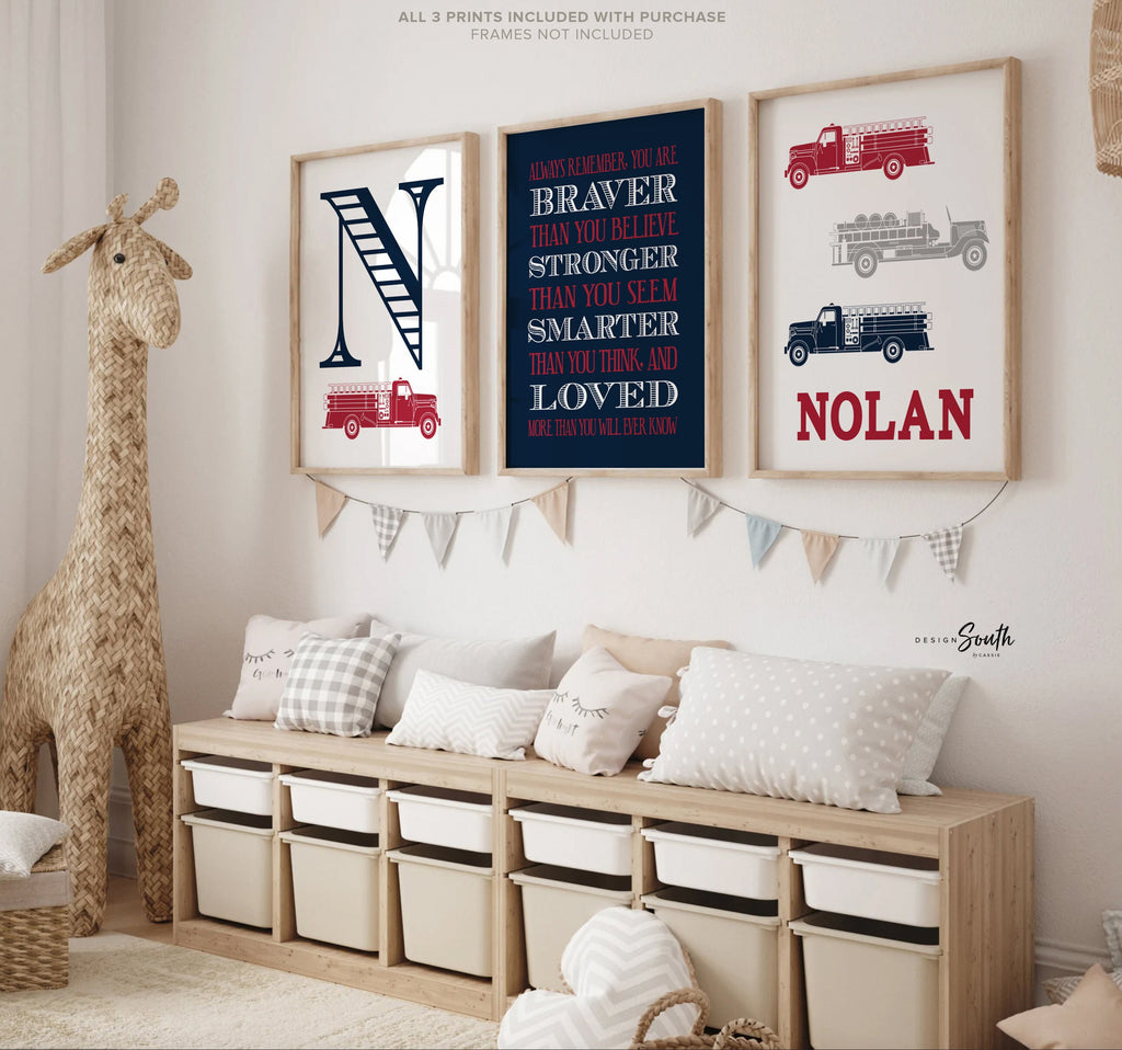 Fire truck nursery decor, firefighter nursery art, navy firetruck art, firetruck theme, boys firetruck decor, boy wall art, firefighter art