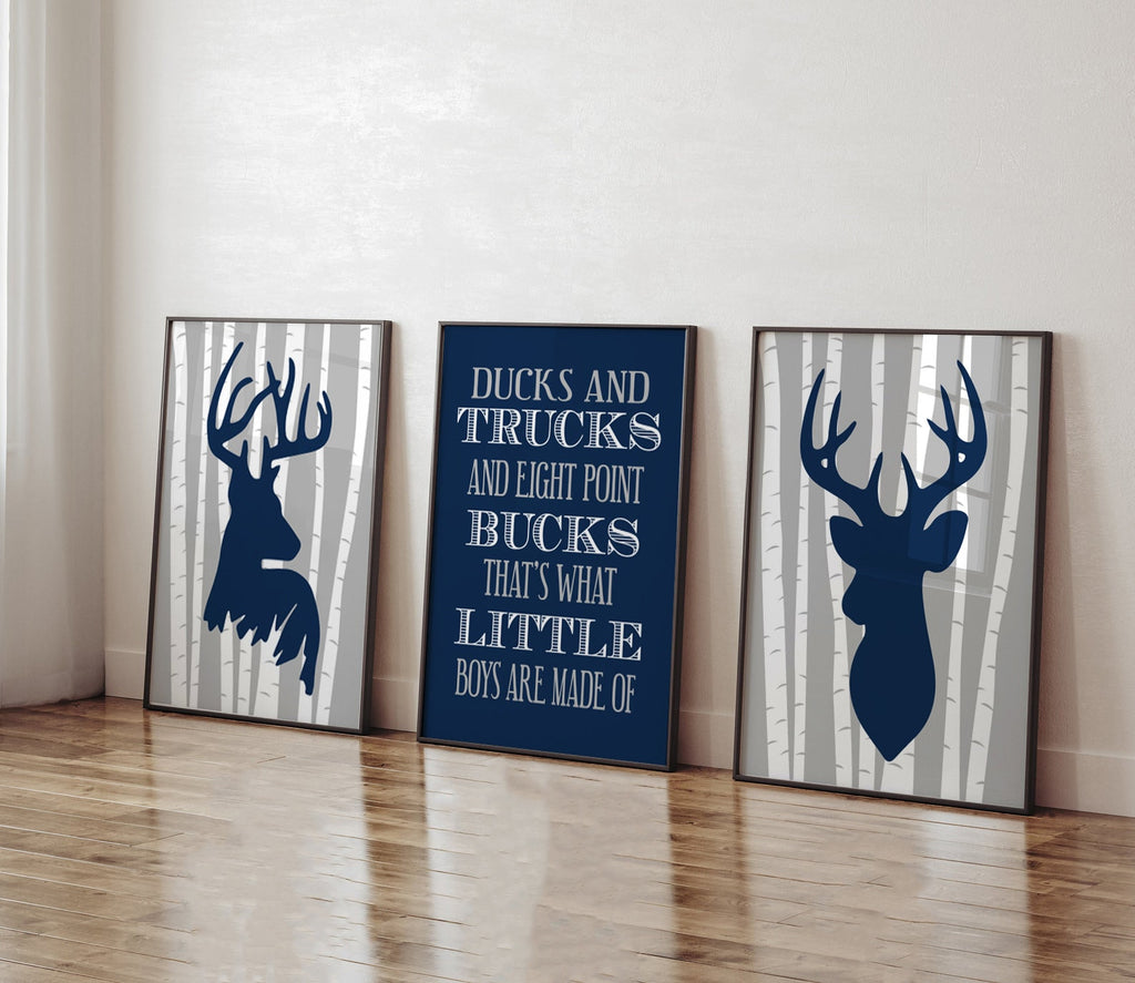 Deer nursery decor, boys nursery decor, ducks and trucks and eight point bucks, deer theme, deer nursery, eight point bucks, navy and gray