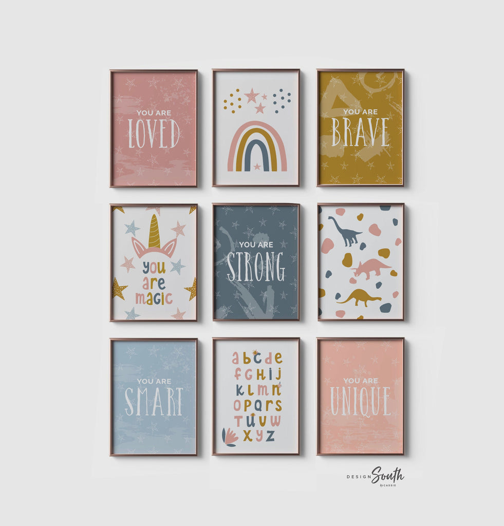 Girls bedroom nursery or playroom wall decor, pink blue dinosaur print set for girls, wall art for girls room, happy inspirational prints