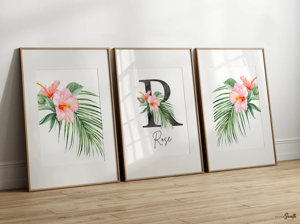 Girl nursery decor, palm leaf tropical theme nursery art, coral tropics botanical baby girl wall, palm nursery decor, pink tropical decor