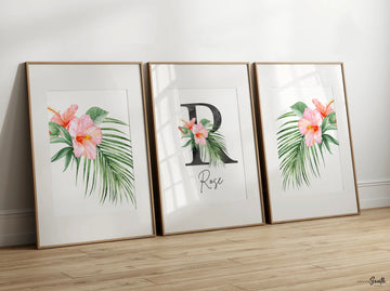 Girl nursery decor, palm leaf tropical theme nursery art, coral tropics botanical baby girl wall, palm nursery decor, pink tropical decor
