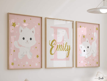 Nursery cat wall art, baby girl room animal, kitten nursery, cat lover room pink, kitten cute cat nursery wall, cat themed, custom baby name