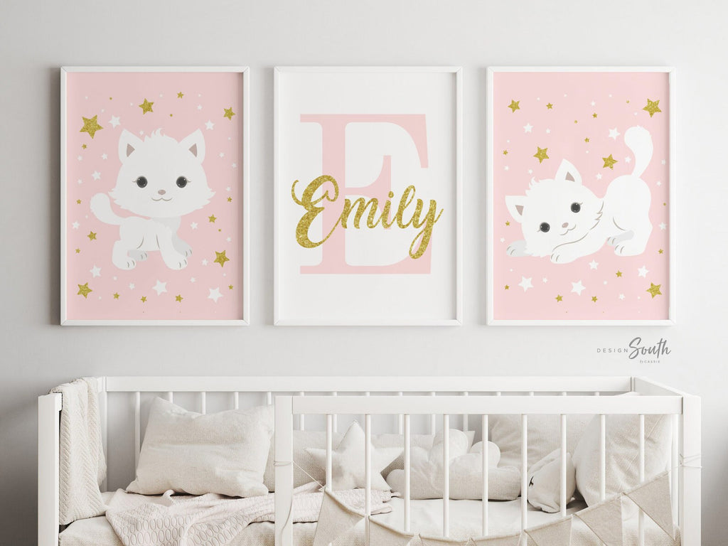 Nursery cat wall art, baby girl room animal, kitten nursery, cat lover room pink, kitten cute cat nursery wall, cat themed, custom baby name