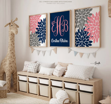 Pink and navy wall art, pink navy nursery, monogram wall art, baby girl nursery wall art, girls bedroom wall art, girls bedroom wall decor