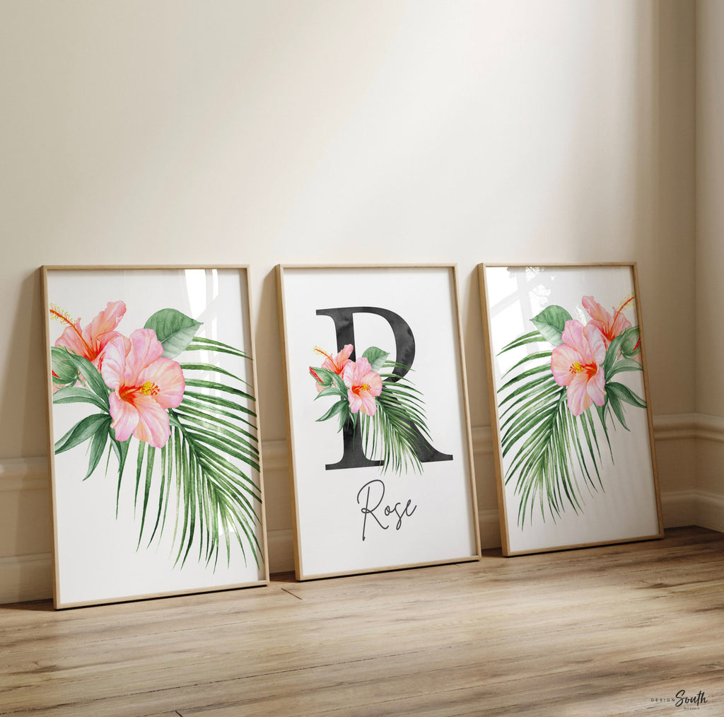 Girl nursery decor, palm leaf tropical theme nursery art, coral tropics botanical baby girl wall, palm nursery decor, pink tropical decor