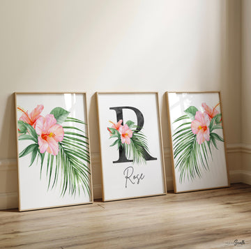 Girl nursery decor, palm leaf tropical theme nursery art, coral tropics botanical baby girl wall, palm nursery decor, pink tropical decor