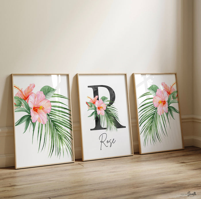 Girl nursery decor, palm leaf tropical theme nursery art, coral tropics botanical baby girl wall, palm nursery decor, pink tropical decor