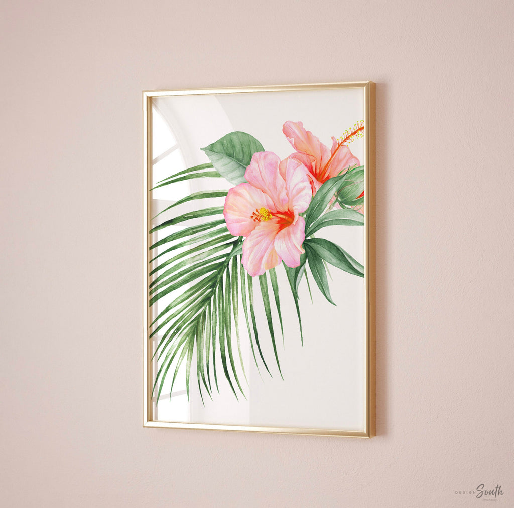 Girl nursery decor, palm leaf tropical theme nursery art, coral tropics botanical baby girl wall, palm nursery decor, pink tropical decor