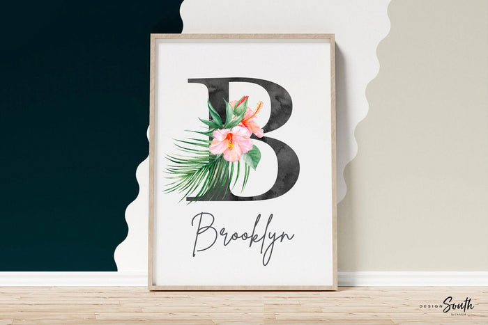 Pink and coral tropical nursery, baby girl tropical flowers nursery, coral and pink baby name and quote, little girl tropical playroom idea
