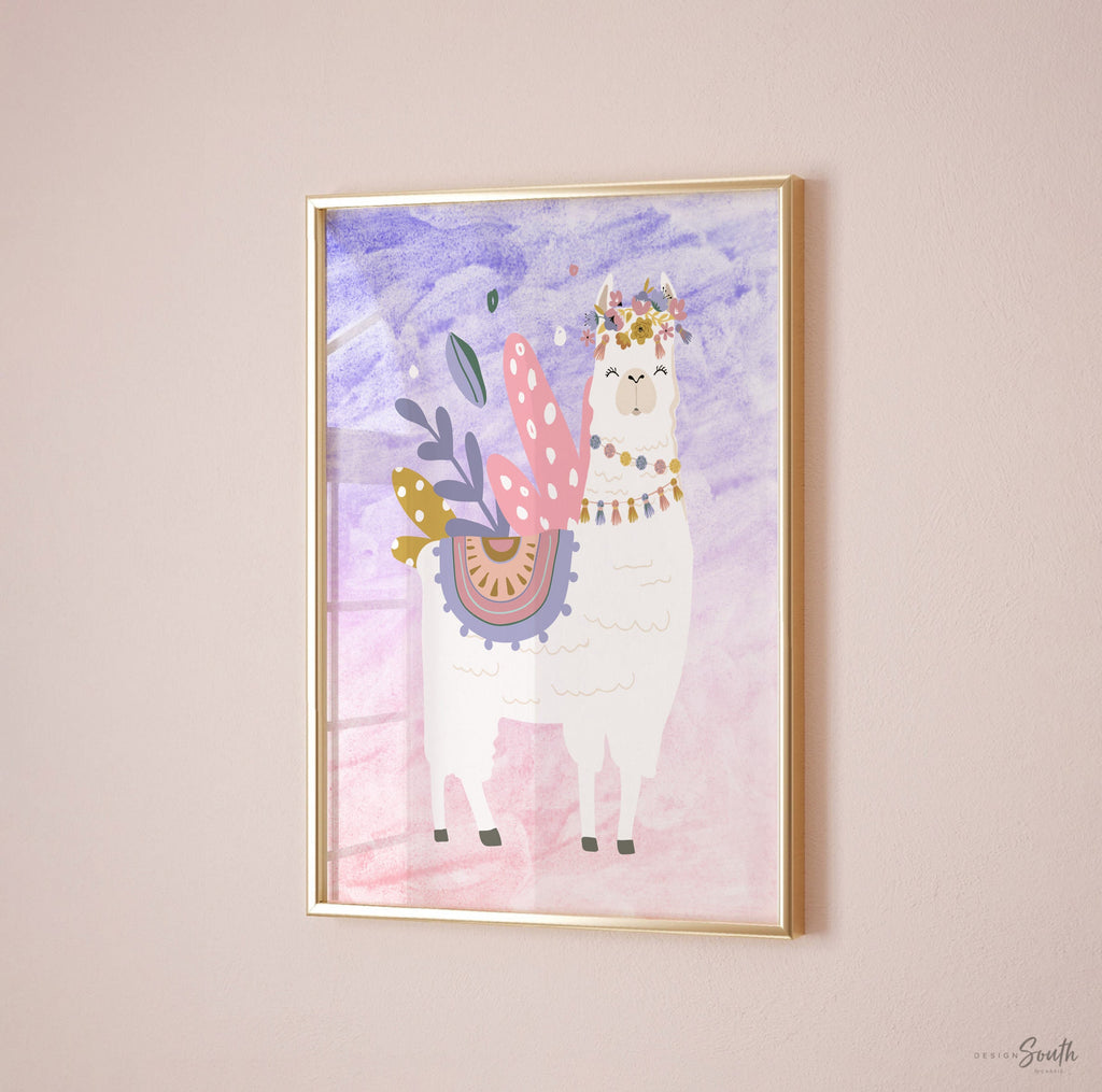 Llama themed girls nursery room wall art, llama baby girl gift, llama baby name gift, purple nursery baby room decor, desert girl bedroom