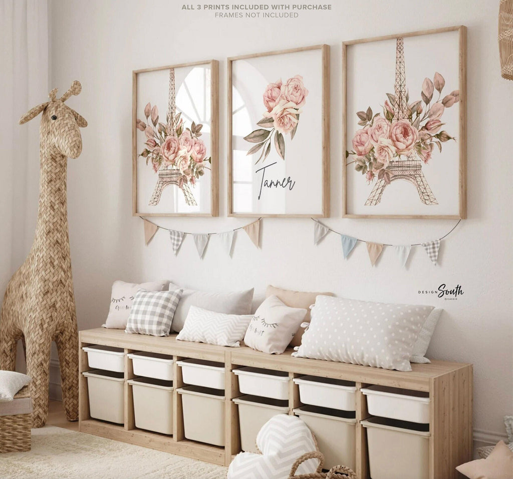 Paris girl room, elegant eiffel tower art, floral french rose flower prints, baby girl nursery paris themed, baby shower paris themed gift