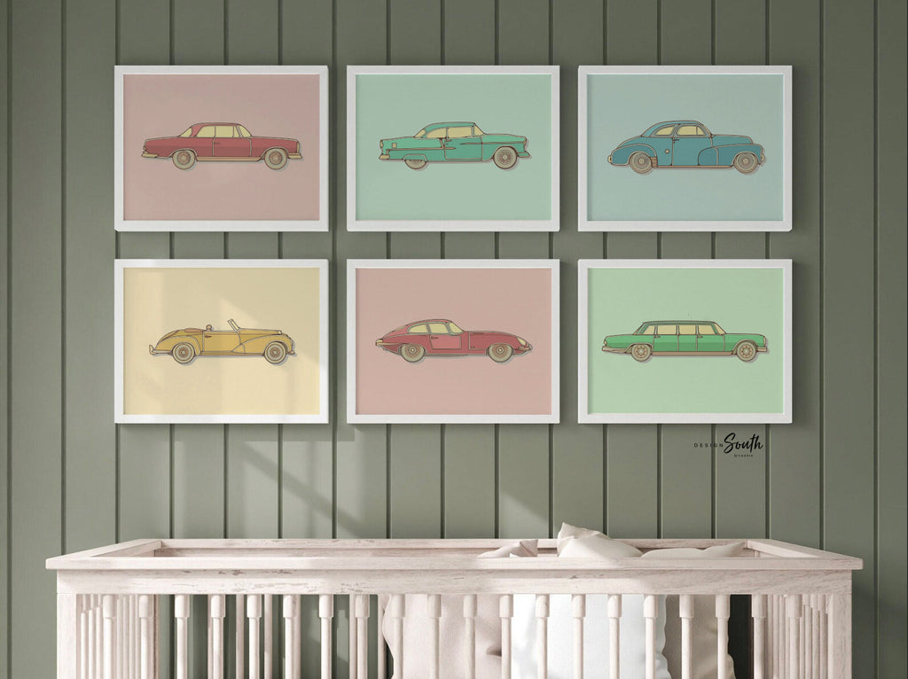Classic car decor, retro car poster print set of 6, vintage car nursery, retro car decor, vintage car poster set, old car kids decor vintage
