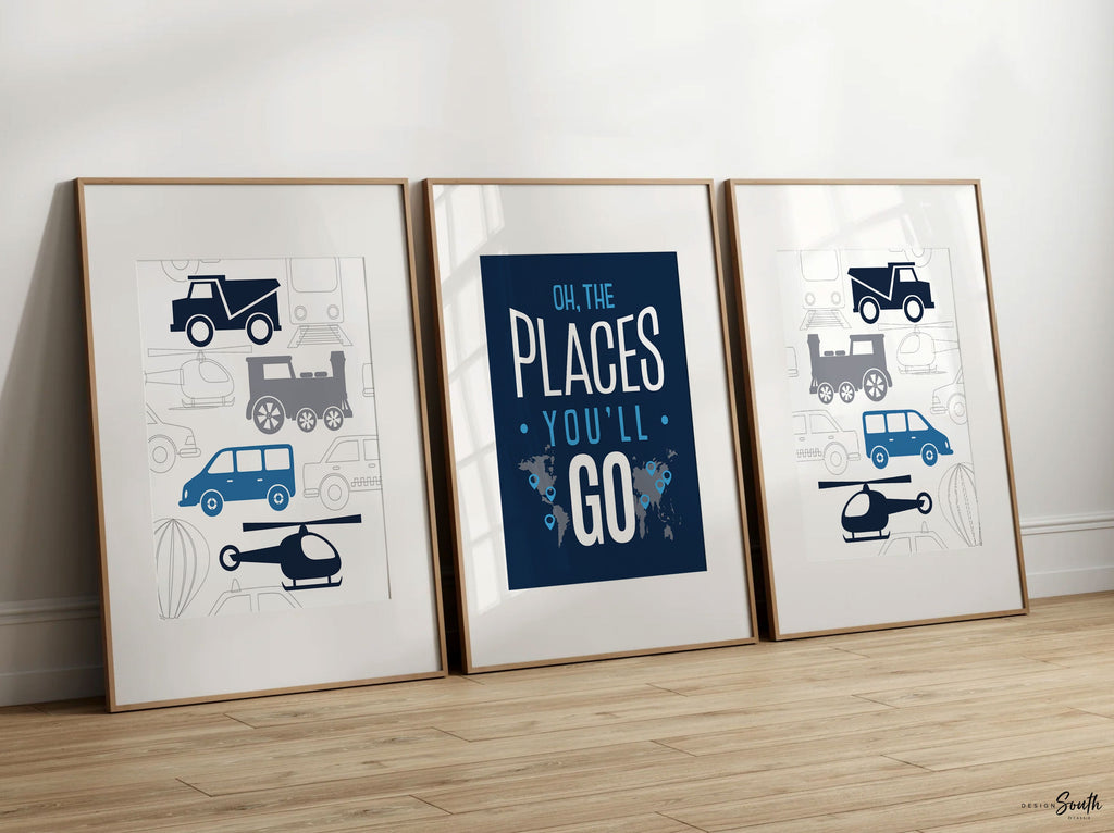 Transportation boys room wall art cars trains helicopter, navy blue and gray cars, boy bedroom decor, car bedroom boy, car decor boy room