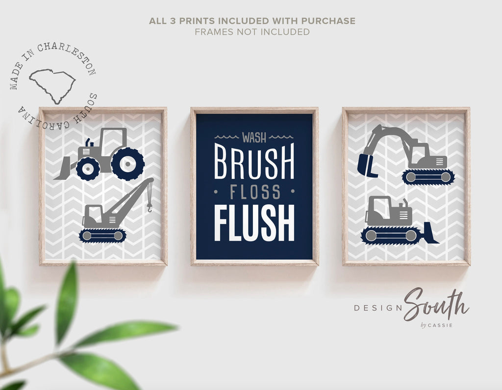 Construction trucks, construction boys bathroom, boys construction bathroom, navy blue boys bathroom, dump truck bathroom, navy dump trucks