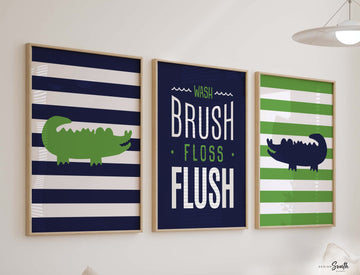 Little boy bathroom decor, gator bathroom, navy blue and green alligator bathroom, boys bathroom decor, wash brush floss flush, alligators