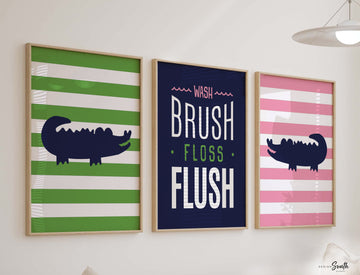 Bathroom decor, alligator bathroom decor, childrens bathroom decor, boy girl bathroom, pink, navy blue, green, wash, brush, floss, flush