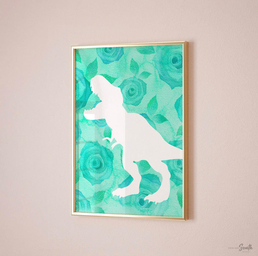 Roses flowers girl dinosaur, floral dinosaur room art for girl, playroom girl dino, playroom dinosaur art, girly dinosaur art, pink dinosaur