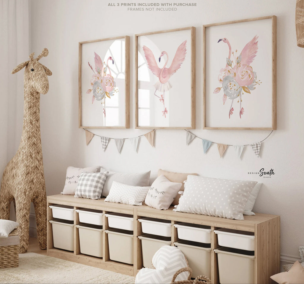 Flamingo nursery set of 3 prints, blush nursery decor, ballerina dance nursery, flamingo nursery decor, blush pink dancer art, pink ballet