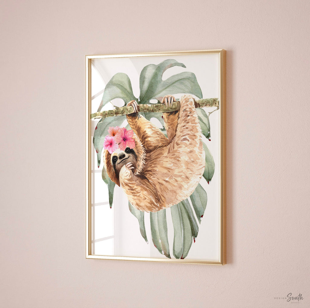 Girl sloth wall art set featuring charming sloth designs, perfect for a baby girl&#39;s nursery. This personalized sloth-themed art adds a playful and tropical touch to any girl&#39;s room decor. Ideal for creating a fun and cozy space with jungle-inspired sloth illustrations. Great for sloth nursery ideas for girls, this wall art can be customized with the girl&#39;s name for a unique and personal feel. Perfect for baby showers, birthdays, or new nursery decorations.