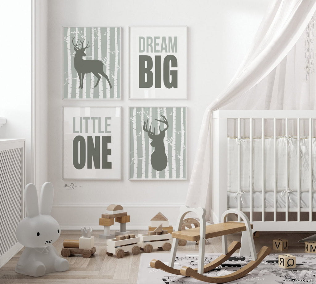 Neutral deer print, deer nursery earthy colors, dream big deer nursery decor, eight point buck, dream big little one deer, antler kid decor