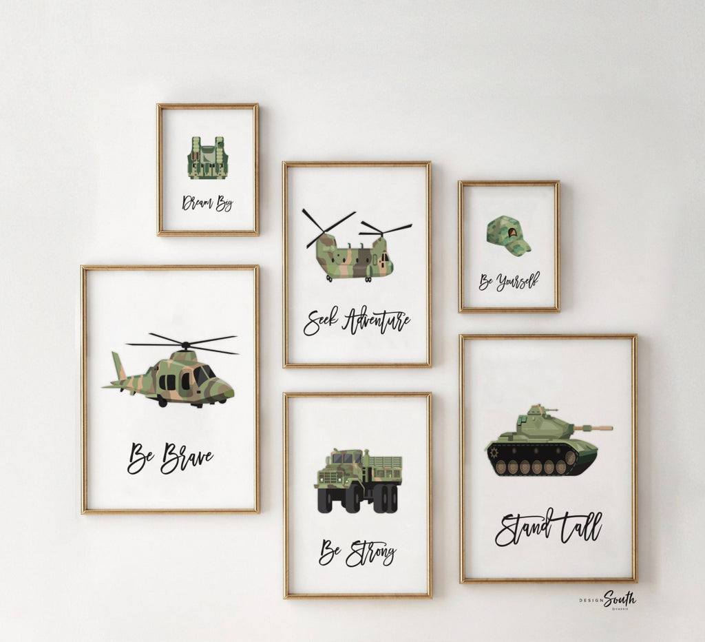 Army vehicles boys wall art set, soldier military tank truck helicopter, boys bedroom wall art print decor army marine troop, playroom army