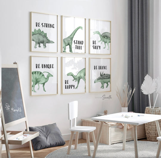 Add a touch of adventure to your little one's room with this boys' blue watercolor dinosaur bedroom art. Perfect for dinosaur-themed big boy rooms, this blue and green dinosaur wall decor brings a playful yet calming vibe. Inspirational quotes add motivation and positivity to the space, making it ideal for toddler boy bedrooms or nurseries. This charming wall art creates a fun, imaginative environment, perfect for sparking curiosity and wonder in young dinosaur lovers.