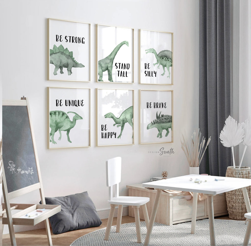 Add a touch of adventure to your little one&#39;s room with this boys&#39; blue watercolor dinosaur bedroom art. Perfect for dinosaur-themed big boy rooms, this blue and green dinosaur wall decor brings a playful yet calming vibe. Inspirational quotes add motivation and positivity to the space, making it ideal for toddler boy bedrooms or nurseries. This charming wall art creates a fun, imaginative environment, perfect for sparking curiosity and wonder in young dinosaur lovers.