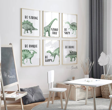 Add a touch of adventure to your little one&#39;s room with this boys&#39; blue watercolor dinosaur bedroom art. Perfect for dinosaur-themed big boy rooms, this blue and green dinosaur wall decor brings a playful yet calming vibe. Inspirational quotes add motivation and positivity to the space, making it ideal for toddler boy bedrooms or nurseries. This charming wall art creates a fun, imaginative environment, perfect for sparking curiosity and wonder in young dinosaur lovers.