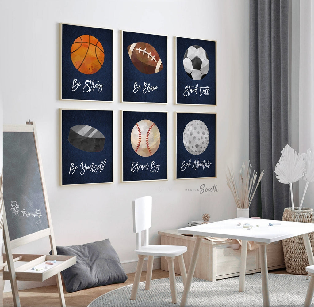 Navy blue sports kids room, boys sports nursery wall art poster prints, gift boy birthday party sports theme, navy blue boy prints bedroom