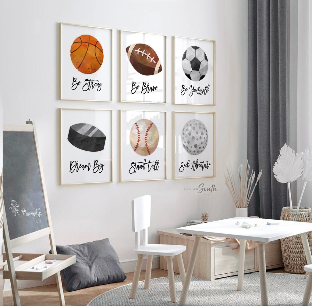 Inspire energy and confidence with this sports boys room wall art set, designed to motivate and decorate in style. Perfect for toddlers and kids, this modern collection includes inspirational messages paired with bold sports themes, ideal for bedrooms, playrooms, or shared spaces. Featuring various sports elements, this wall decor adds a dynamic and encouraging touch to any room. A great choice for modern sports-themed decorations for active and sports-loving boys.