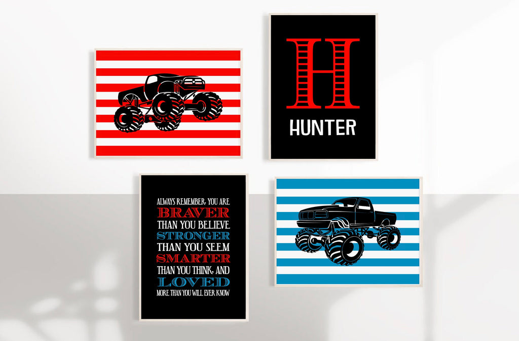 Monster truck wall personalized name for boys room decor, truck theme wall prints, boys monster truck with name, toddler truck bedroom decor