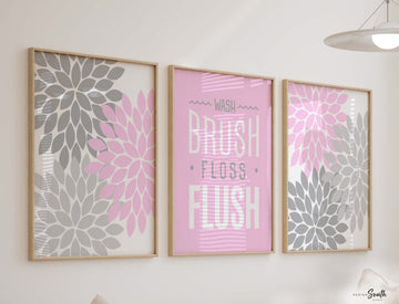 Girl pink gray bathroom decor, girls wash brush bathroom sign, gray pink girls bathroom, girls flower bathroom, modern bright kids decor