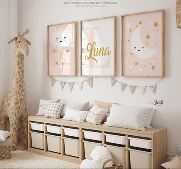 Blush and gold nursery, baby girl wall art, blush bedroom decor little girl, celestial moon star cloud gift, baby star art personalized name