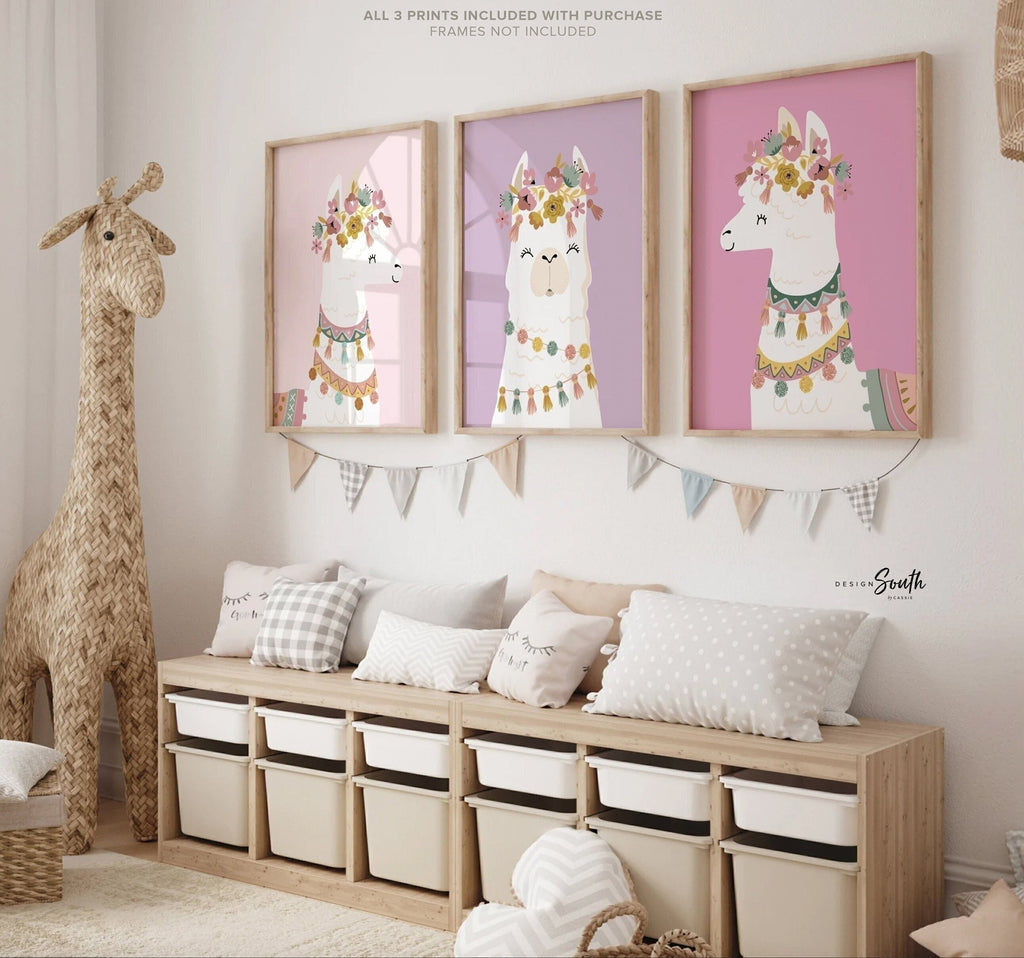 Llama flower crown baby room, baby decor llamas, nursery alpaca llama theme, print set llama succulents, llama art baby room, bedroom llama