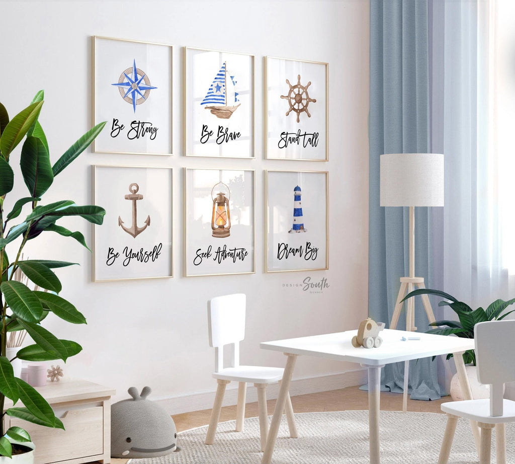 Nautical boys room art, anchor ship wheel sailboat collection nautical wall prints, nautical nursery art, ocean theme wall art, sea baby art