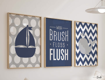 Navy and gray boys bathroom, boys bathroom art, boys bathroom decor, wash brush floss flush, boys navy bathroom, navy bathroom art, navy art