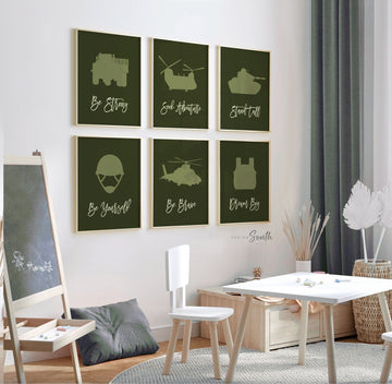 Add a touch of adventure and strength to your child&#39;s room with this boys&#39; army-themed art collection. Perfect for military-themed bedrooms, this decor features powerful military vehicles and soldier poster art, inspiring courage and bravery. Ideal for boys who love action and adventure, these prints bring a sense of heroism and pride to any space. A great addition to army-themed rooms or play areas, sparking imagination and a spirit of adventure in your little one.