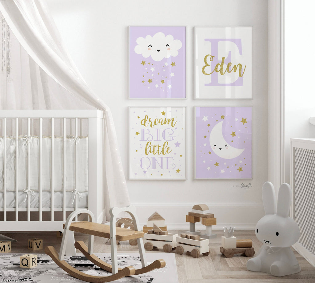 Baby room gold sparkles, girls nursery cloud moon and stars wall art, lilac clouds nursery, celestial baby shower gift, girls monogram name
